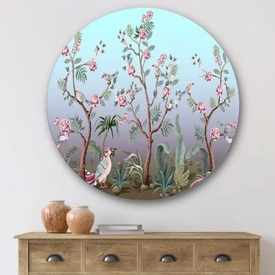 Designart - Chinoiserie With Birds and Peonies II - Traditional Metal Circle Wall Art {4}