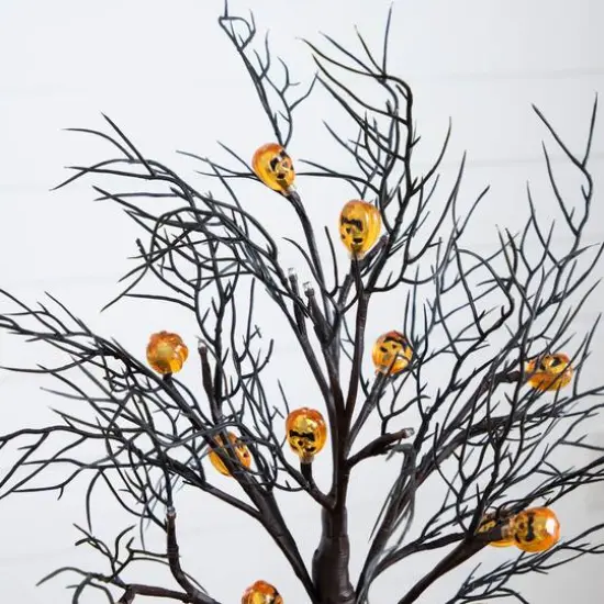 22in. Pre-Lit Artificial Halloween Brown Twig Tree with 12 Orange LED Pumpkin Shaped Lights {9}