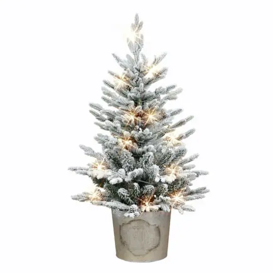 3ft. Pre-Lit Potted Flocked Artificial Christmas Tree, White LED Lights {1}