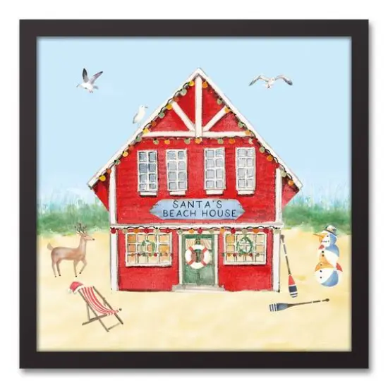 18" Santa's Beach House Christmas Black Framed Wall Canvas {1}