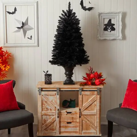 4ft. Black Artificial Halloween Tree in Urn, Orange LED Lights {11}
