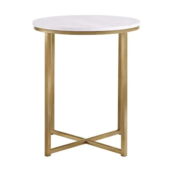 Walker Edison 16" Glam Round Side Table Faux White Marble/Gold {1}