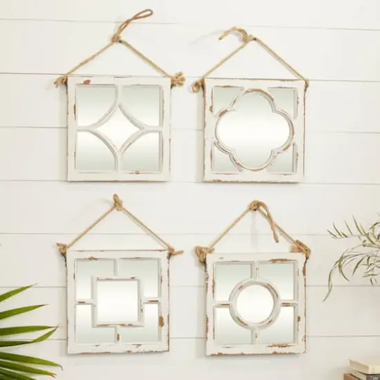 Set of 4 White Wood Vintage Decor Wall Mirror, 12" x 12" {8}