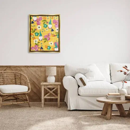 Stupell Industries Yellow Tartan Patterned Spring Gnomes Mushrooms Floater Framed Art Gold {3}