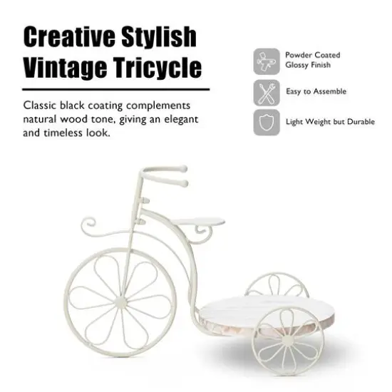 Glitzhome&reg; 18" White Metal Tricycle Planter Stand with Solid Wood Tray {6}