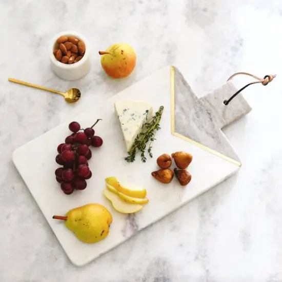 Hello Honey&reg; 16" Gray and White Boho 2-Tone Marble Charcuterie or Cutting Board with Brass Inlay and Leather Tie {5}
