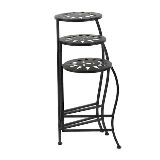 24" Black Metal Folding 3-Tier Plant Stand with Sun Face Cutouts {3}