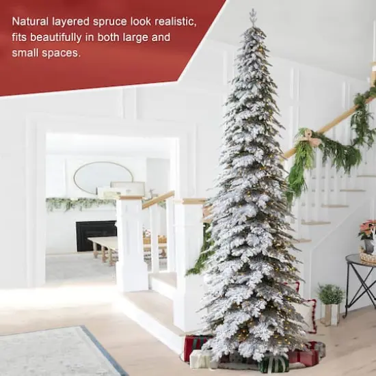 15ft. Pre-Lit Flocked Pencil Spruce Artificial Christmas Tree, Warm White LED Lights {5}