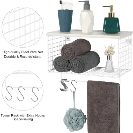 Wood & Metal Wall Mounted Bathroom Towel Rack with 6 Hooks White {6}