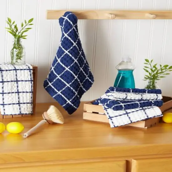 DII&reg; Windowpane Oversized Washed Waffle Dishcloth Set Nautical Blue/White {5}