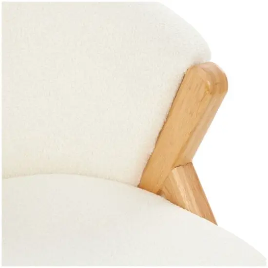 White Polyester Rounded Boucle Accent Chair with Angled Wooden Legs {6}