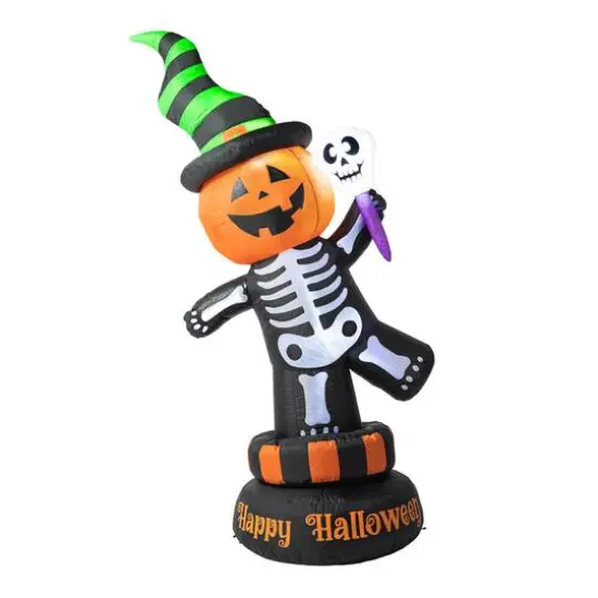 Glitzhome® 6ft. Lighted Halloween Jack-O'-Lantern Skeleton Rotating Inflatable Décor {1}