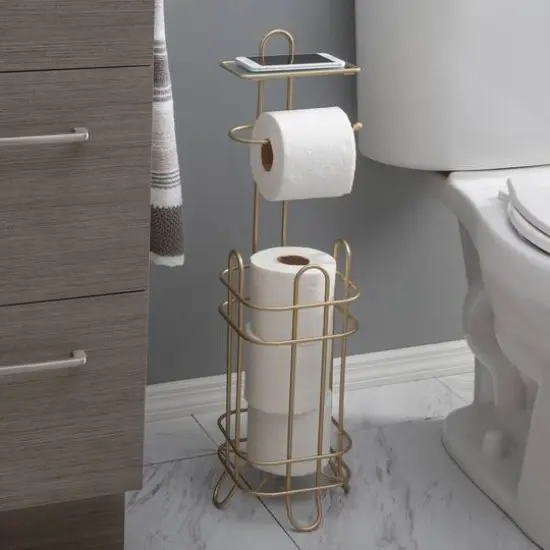 Elle Décor Limoges Collection Satin Gold Toilet Paper Reserve & Dispenser with Phone Shelf {4}