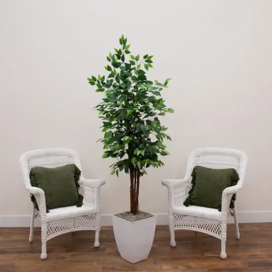 6ft. Artificial Double Stalk Ficus Tree in White Metal Planter {4}