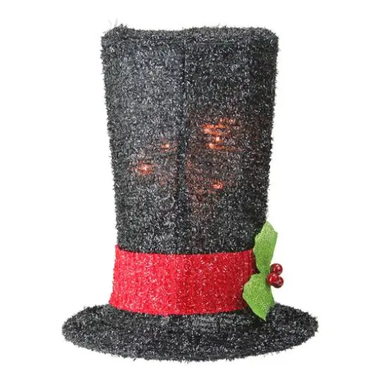 9" Lighted Black Tinsel Snowman Top Hat Christmas Tree Topper, Clear Lights {5}