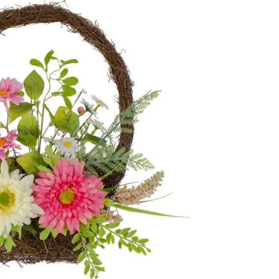 17" Pink & Yellow Chrysanthemum & Daisy Twig Basket Wreath Spring D&eacute;cor {4}