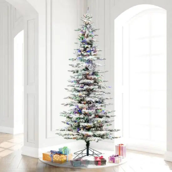 9ft. Pre-Lit Flocked Utica Fir Slim Artificial Christmas Tree, Multi-Colored LED Lights {3}
