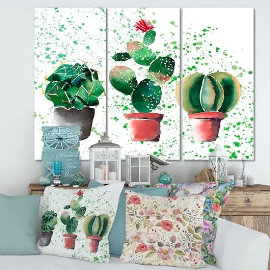 Designart - Three Cacti In Clay Pots - Traditional Canvas Wall Art Print {1}