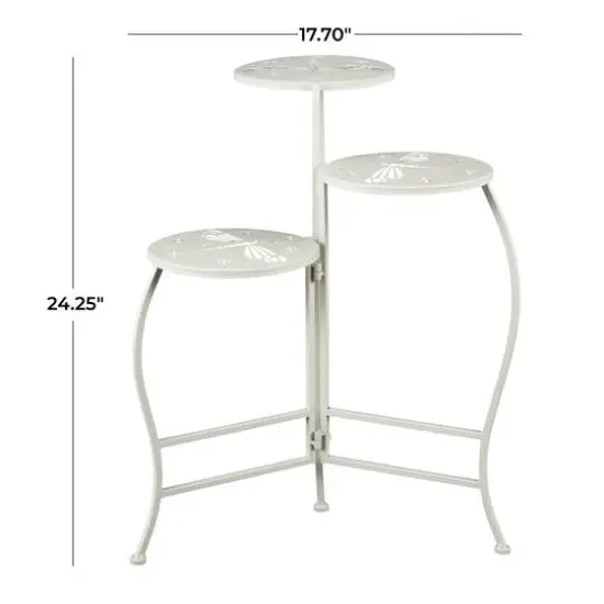 24" White Metal Folding 3-Tier Plant Stand with Dragonfly & Star Cutouts {4}