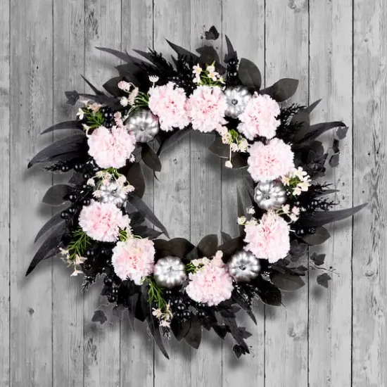 26" Pretty Morbid Pink Carnation Halloween Wreath {3}