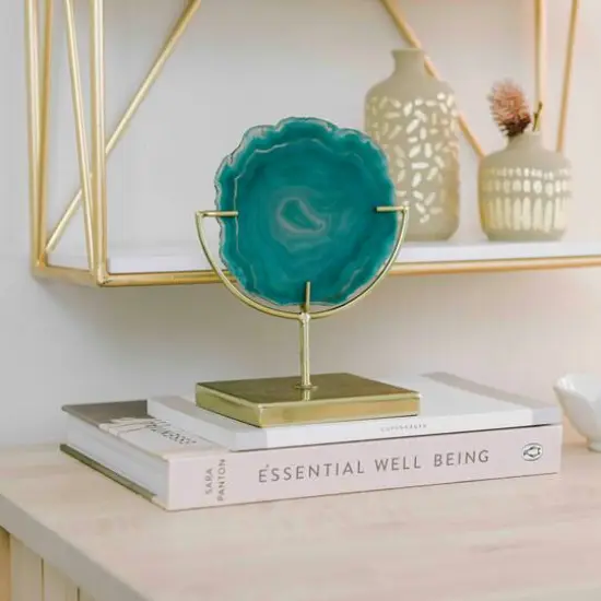 Hello Honey&reg; 7" Marbled Turquoise Decorative Agate Slice Accent on Metal Stand {12}