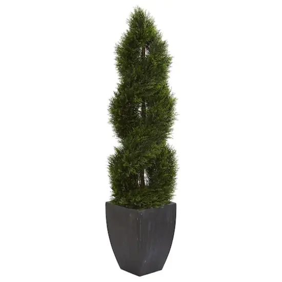 5ft. UV Resistant Double Pond Cypress Spiral Topiary Artificial Tree in Black Wash Planter {1}