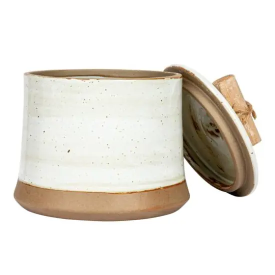 Hello Honey&reg; 5" Beige Reactive Glaze Round Stoneware Canister with Lid {3}