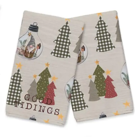 Good Tidings Cream Tree & Globe Pattern Tea Towel Set {1}