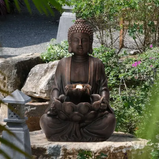 Glitzhome&reg; 28.25" Zen-Style Meditating Buddha Statue Outdoor Fountain with LED Light {3}