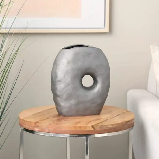 12" Gray Abstract Wavy Donut Ceramic Vase with Cutout Center {3}