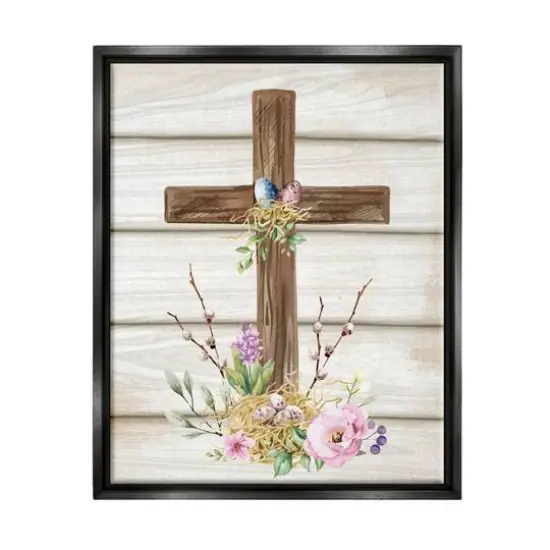 Stupell Industries Spiritual Easter Cross Spring Blossoms Floater Framed Art Black {1}