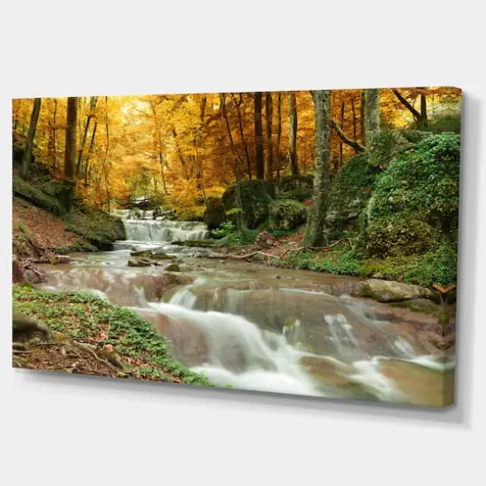 Designart - Forest Waterfall with Yellow Trees - Landscape Canvas Art Print {3}