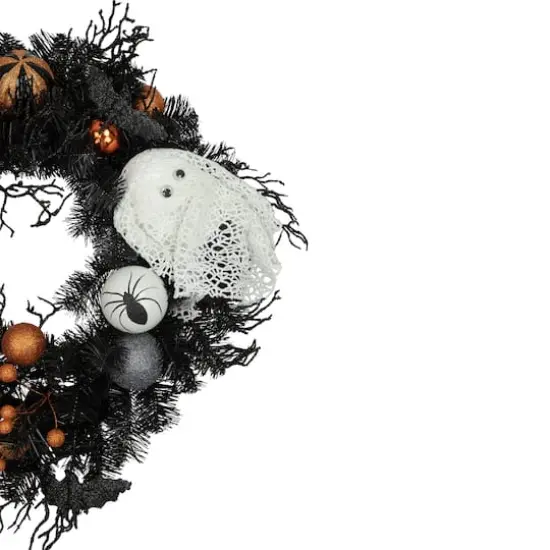 24'' Unlit Orange Ornaments and Ghost Halloween Pine Wreath {5}