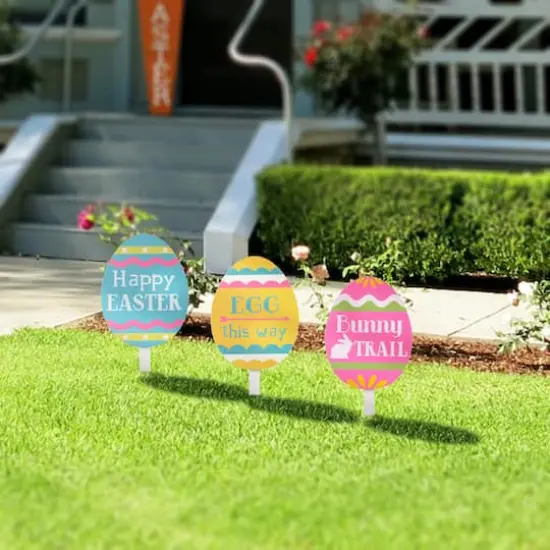 Glitzhome&reg; 15" Wooden Easter Egg Yard Stake Set {3}