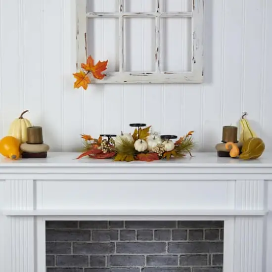 22" Pumpkin And Maple Leaf Autumn Candelabrum Arrangement {5}