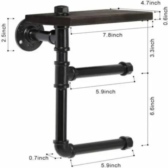Black Wall-Mounted Double Toilet Paper Holder with Wooden Shelf {3}