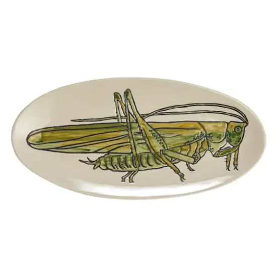 Hello Honey&reg; 11.5" Green & White Hand-Painted Grasshopper Stoneware Plate {9}