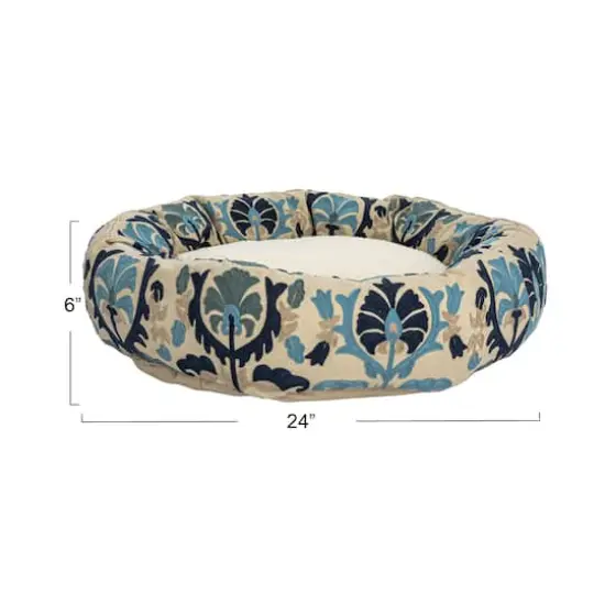 Hello Honey&reg; 24" Natural, Blue & Gray Round Floral Cotton & Sherpa Pet Bed {4}