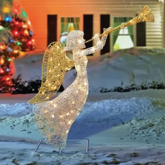 48" Silver & Gold Lighted Glittered Trumpeting Angel Outdoor Christmas D&eacute;cor {3}