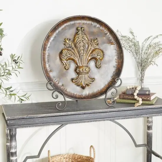 25" Traditional Decorative Iron Fleur de Lis Plate with Stand {10}