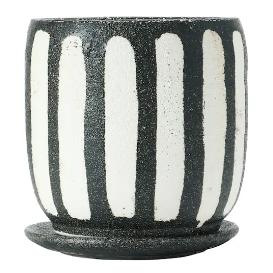 Hello Honey&reg; 7.5" Black & White Hand-Painted Terra Cotta Planter with Saucer Set {3}