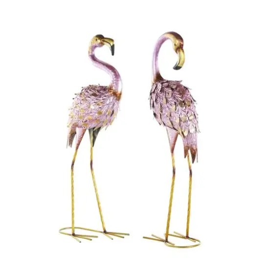 25" Pink & Gold Metal Flamingo Garden Sculpture Set with Dimensional Feathers {7}