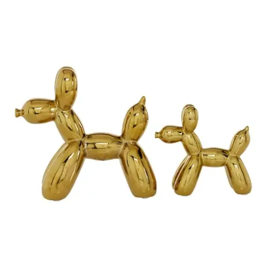 Set of 2 Gold Porcelain Contemporary Dog Sculpture, 7", 9" {4}