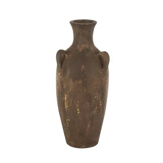 24.5" Dark Brown Ceramic Antique Style Distressed Decorative Vase with Handles {7}