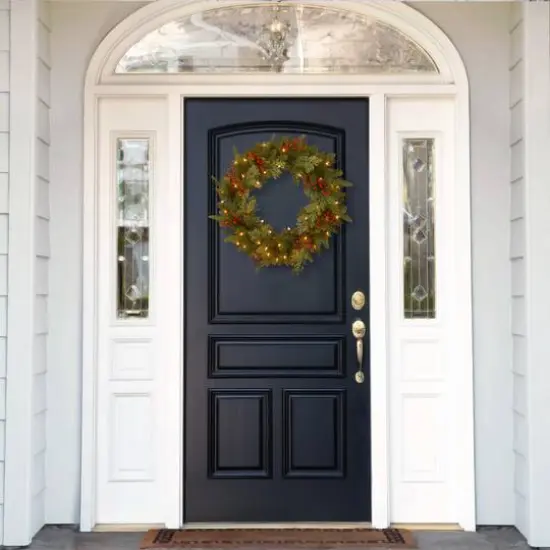 24" Feel Real&reg; Classical Collection Wreath with Red Berries, Cedar Leaves & Warm White LED Lights {3}