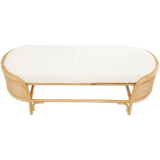 49" Brown Rattan Handmade Oval Bench with White Fabric Cushion {4}
