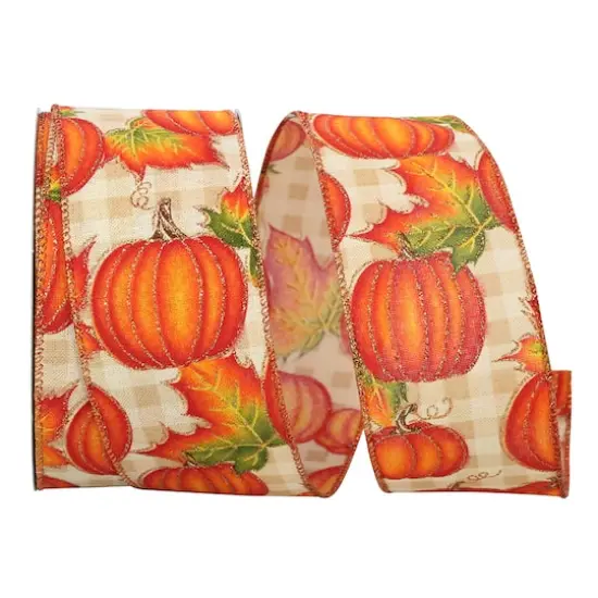 Reliant 2.5" x 20yd. Wired Natural Pumpkin Gingham Check Sparkle Ribbon {1}