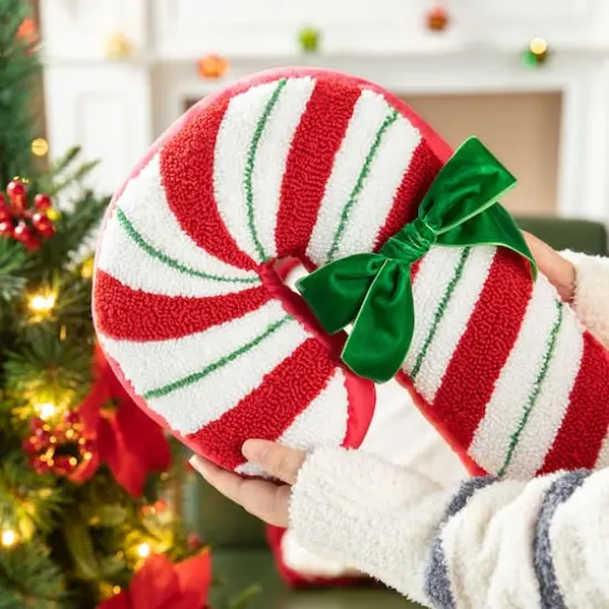 Glitzhome&reg; 15.75" Hooked Christmas Candy Cane Pillow {7}