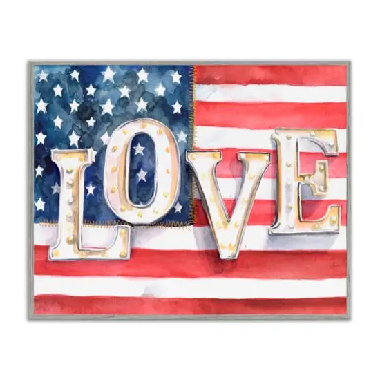 Stupell Industries Vintage Love Text Over Stitched American Flag Framed Giclee Art Gray {1}