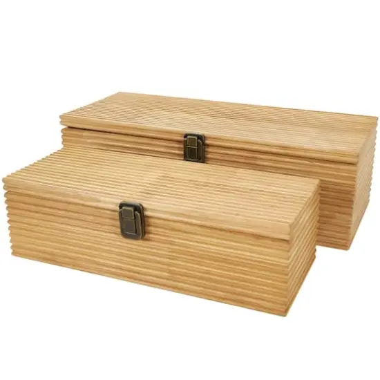 Light Brown Wood Carved Linear Box Set {3}